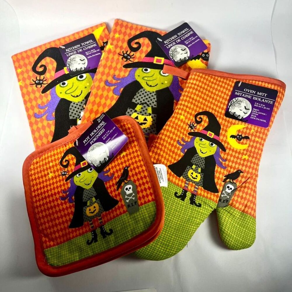Greenbrier - Halloween Witch graphic kitchen towel, pot holder, oven mitt set
